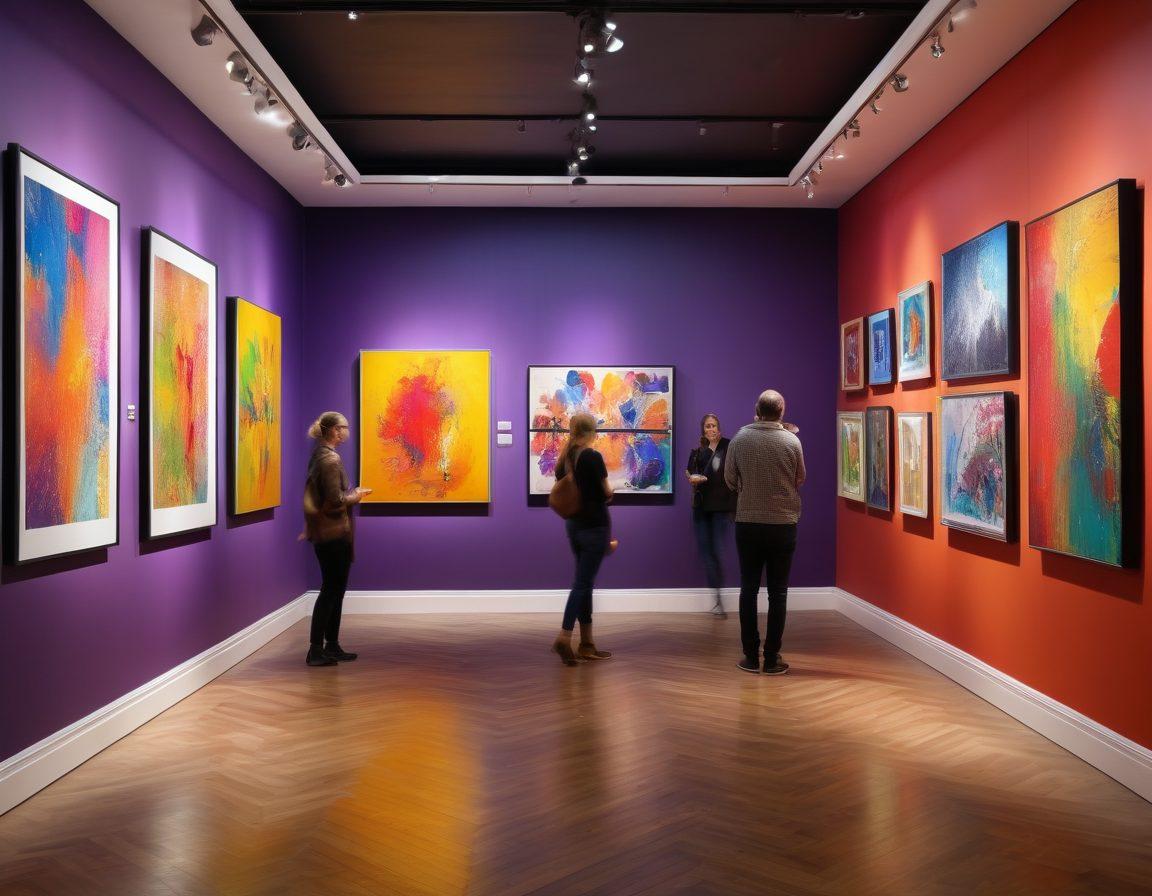 A colorful gallery space filled with contemporary artworks, showcasing a blend of abstract paintings and unique sculptures. Visitors engage with the art, capturing moments with their smartphones, while playful shadows dance on the walls. Incorporate a variety of vibrant colors and artistic expressions to reflect the lively atmosphere. super-realistic. vibrant colors. modern art style.