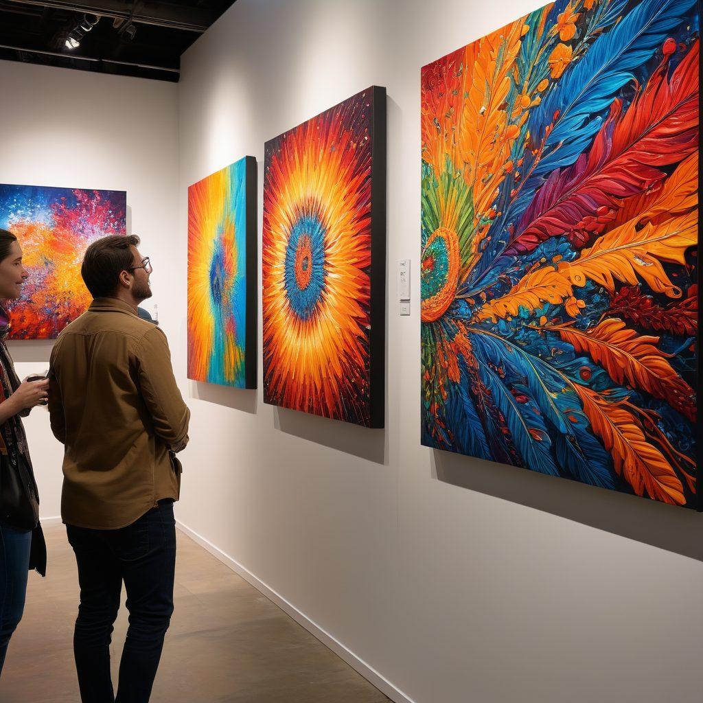 A bustling contemporary art event, featuring a diverse crowd of art enthusiasts engaging with colorful visual art pieces and striking photography displays. Include close-ups of artists showcasing their talent, vibrant artwork hanging on walls, and visitors interacting with the art. The atmosphere should be dynamic and inspiring, with bright lighting highlighting the pieces. super-realistic. vibrant colors. 3D.