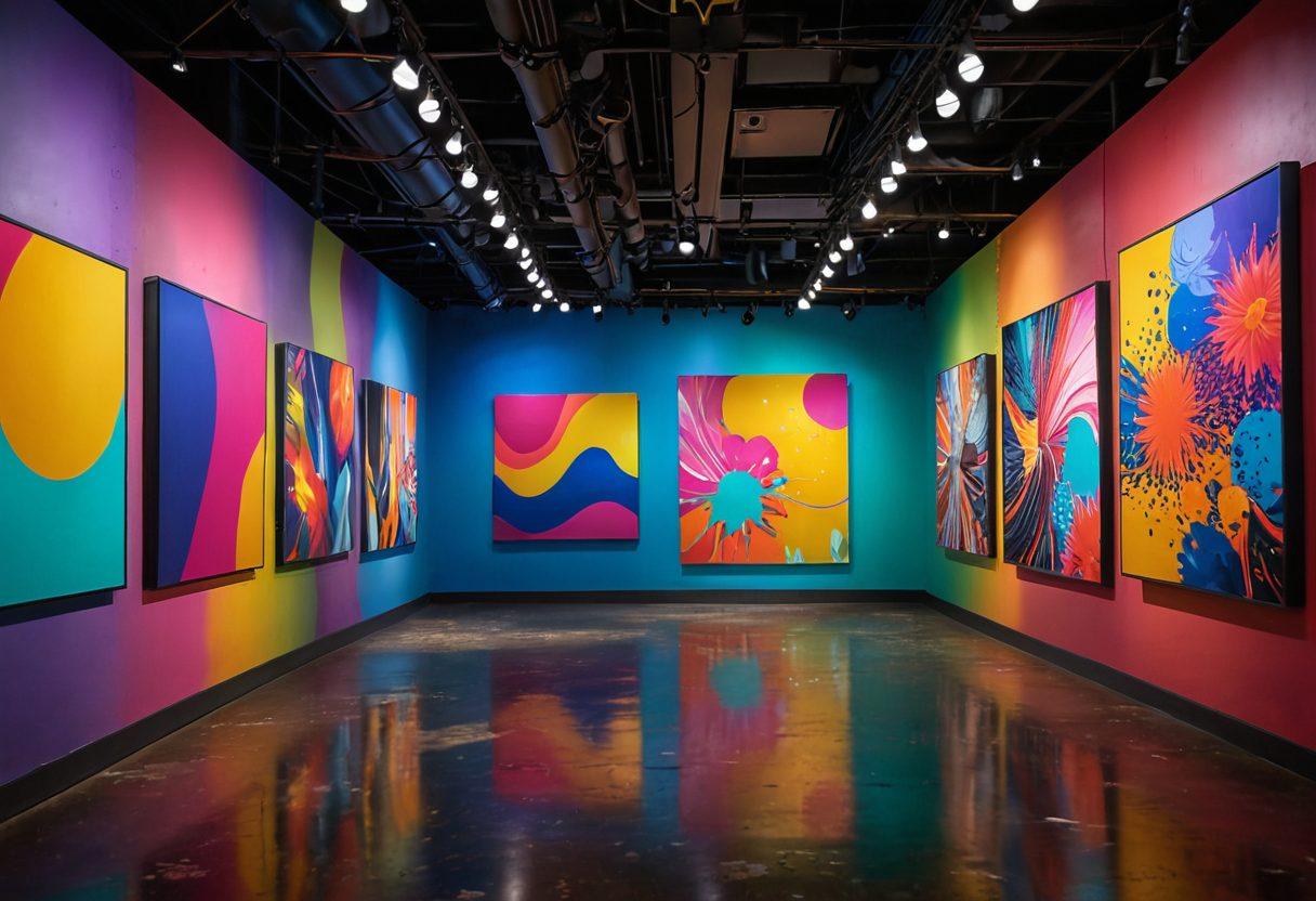 An immersive gallery interior featuring a diverse group of visitors admiring vibrant artwork by emerging artists. Showcase innovative installations and paintings that represent various styles and mediums, with dynamic lighting highlighting the uniqueness of each exhibit. Include subtle hints of abstract designs on the walls and an atmosphere of curiosity and inspiration among the attendees. 3D illustration. vibrant colors.